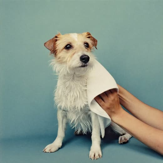 A small terrier being towel-dried after a bath