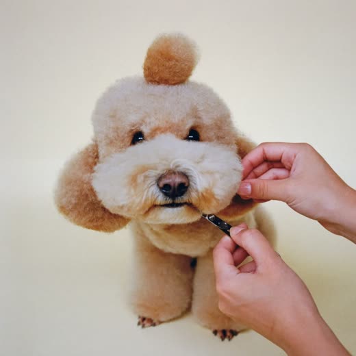 A poodle having its face tidied with grooming scissors